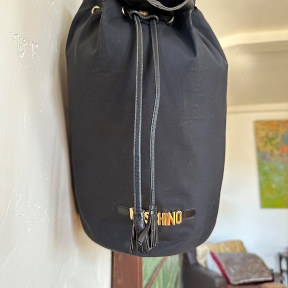 MOSCHINO BLACK NYLON BUCKET BAG PURSE